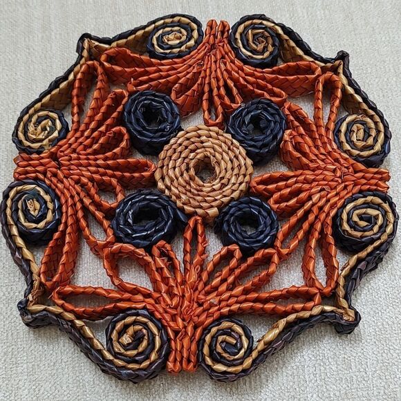 Vintage Floral Rafia Woven Trivets, set of 2 - Picture 1 of 12
